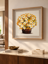 Load image into Gallery viewer, Golden Blossom wooden framed floral wall art with white and yellow flowers in a rustic wooden container, styled above a console.
