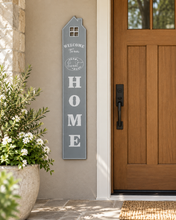 Load image into Gallery viewer, Grey Nordic house-shaped Welcome Home decorative wall sign, 47 × 8 inches – Metaphor BD
