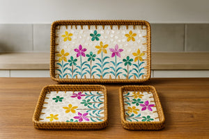 🌸 3-Piece Floral Tray Set – Rattan Frame with Mother-of-Pearl Inlay