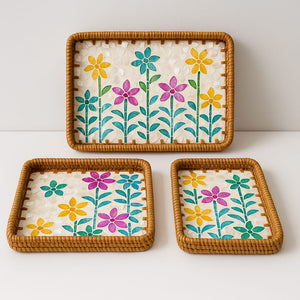 🌸 3-Piece Floral Tray Set – Rattan Frame with Mother-of-Pearl Inlay