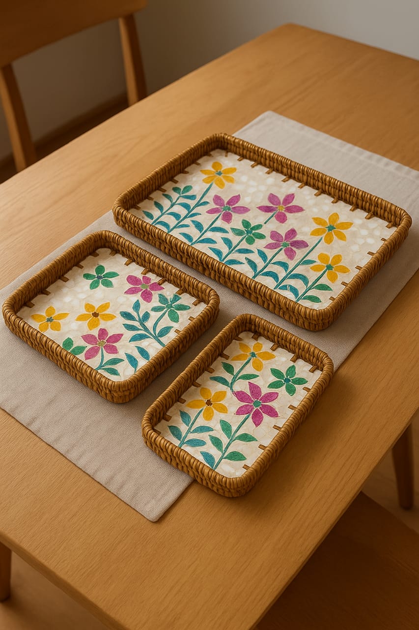 Three rattan-frame trays with mother-of-pearl floral inlay in large, square, and small sizes