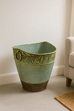Load image into Gallery viewer, 🌿 Antique Green Metal Planter with Embossed Leaf Design – Tall Rustic Pot
