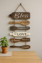 Load image into Gallery viewer, Rustic wooden wall hanging with Bless, Food, Family, Love, Amen typography
