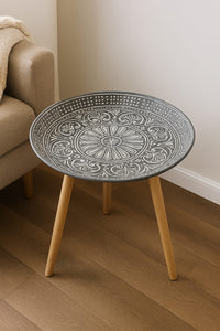  Boho wooden leg side table with mandala pattern top – stylish accent furniture for home décor