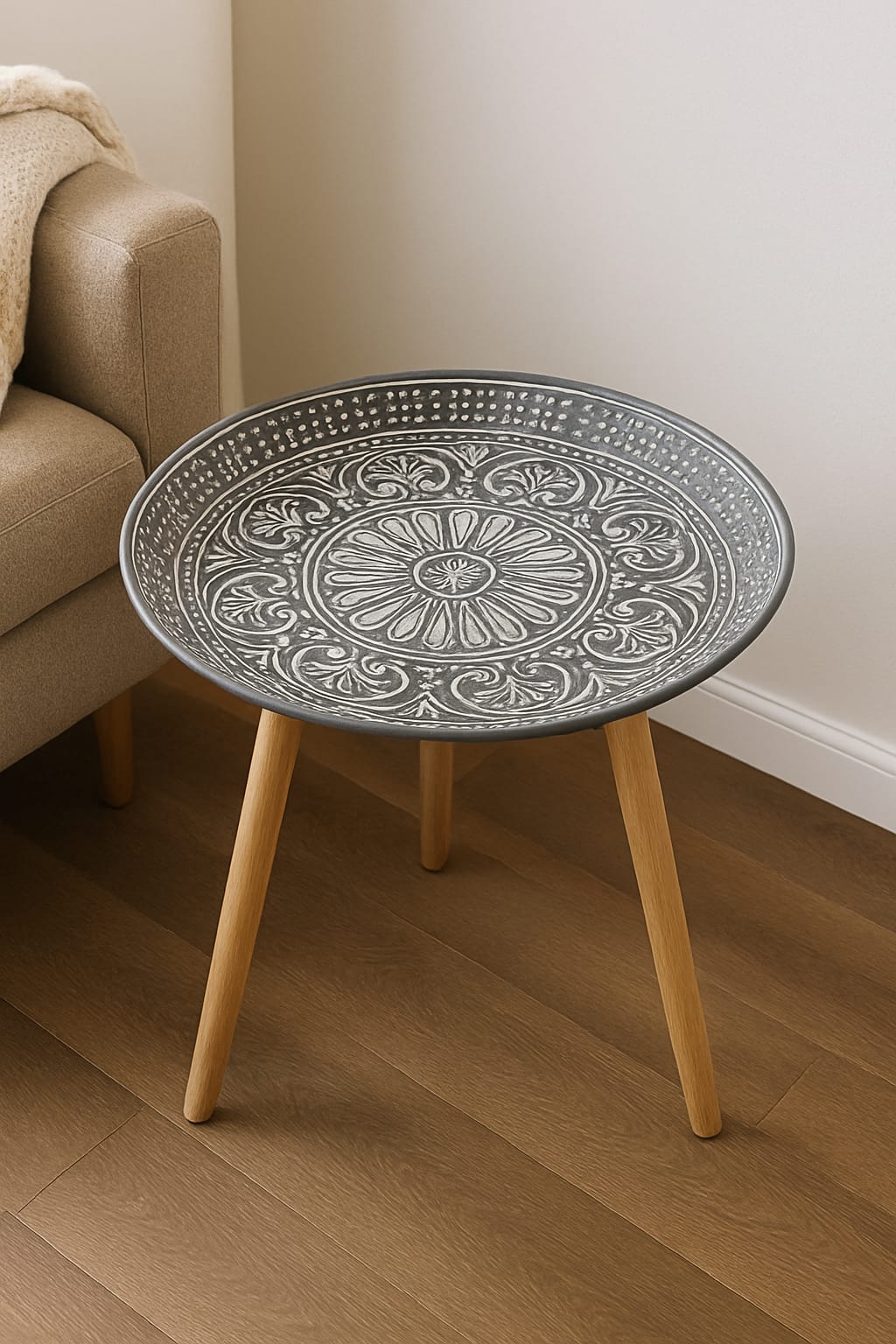  Boho wooden leg side table with mandala pattern top – stylish accent furniture for home décor