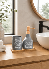 Load image into Gallery viewer, White ceramic bathroom accessory set with 250 ML soap dispenser, toothbrush holder, and bamboo trayq

