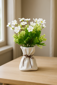 Mini White Ceramic Flower Vase with Artificial Bloom Arrangement
