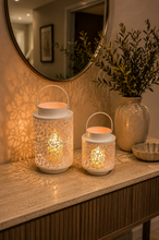 Load image into Gallery viewer, White floral cutwork decorative lantern set with ambient candlelight effect
