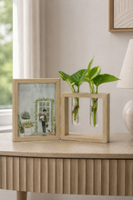 Load image into Gallery viewer, Wooden photo frame with glass test tube plant holder for desk decor minimalist propagation stand
