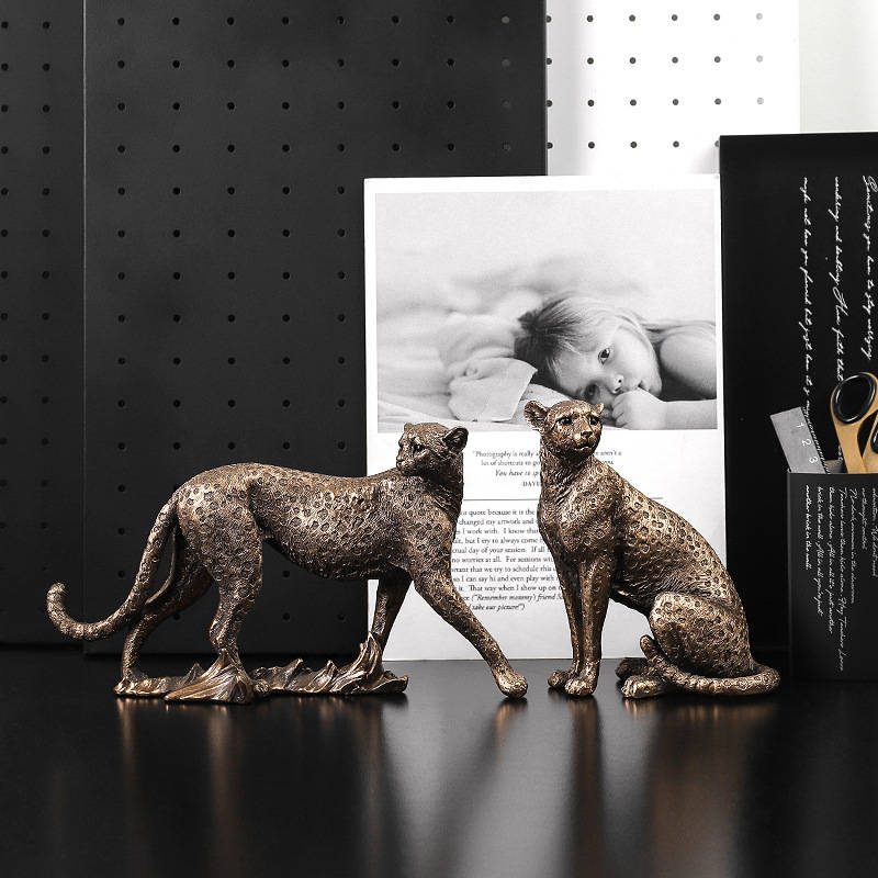 Bronze cheetah figurine pair for home and office decoration