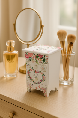 Mini floral wooden drawer cabinet with vintage flower and birdcage prints from MetaphorBD.