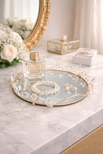 Load image into Gallery viewer, gold mirrored tray with crystal rim for vanity and home decor
