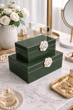 Load image into Gallery viewer, luxury green jewelry storage box set with floral knob
