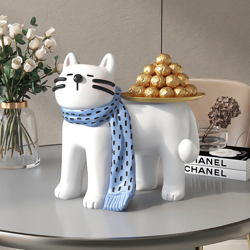 Elegant Cat-Shaped Decorative Tray with Scarf – Resin Candy Holder for Home & Office