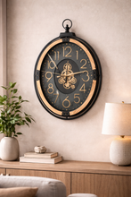 Load image into Gallery viewer, oversized industrial wall clock with exposed gears and wood accents 35 inch
